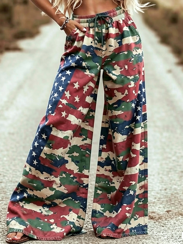 Women's Retro American Flag Camo Print Casual Wide Leg Pants