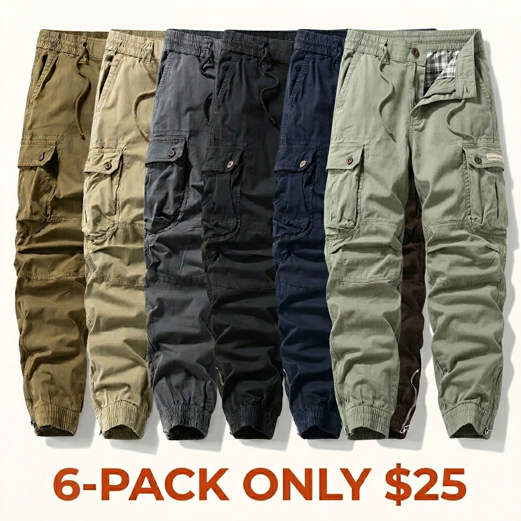 Versatile trendy functional cargo pants for men — drawstring cuffs, multiple pockets, retro outdoor casual style