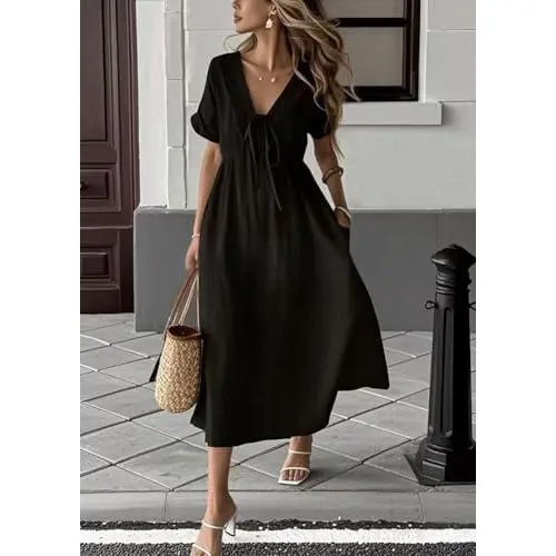 Women's Summer Solid-Color V-Neck Cotton Dress
