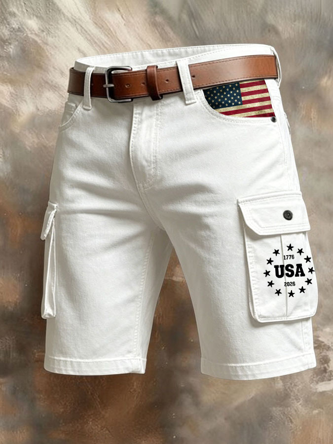 Men'S Retro American Flag Printed Multi Pocket Design Cargo Pants