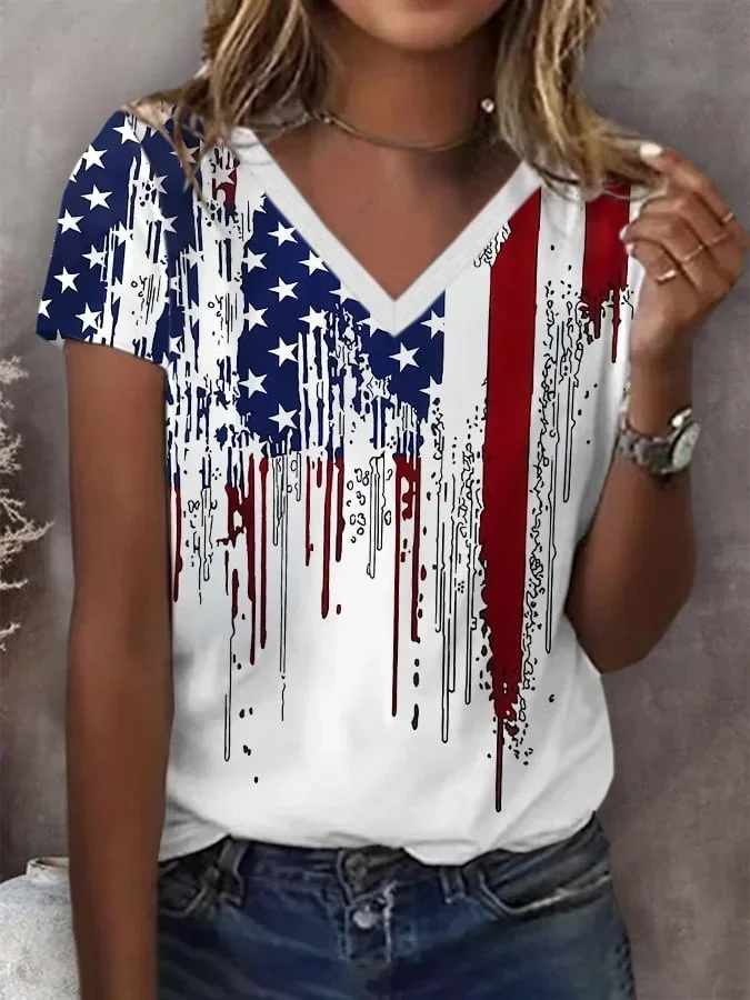 Women'S Independence Day (National Flag) Short Sleeved T-Shirt V-Neck Printed Casual Top