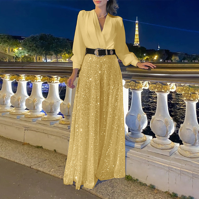 Stylish V-Neck Long Sleeve Shirt & Sequin Wide Leg Pants Set  Clearance Sale