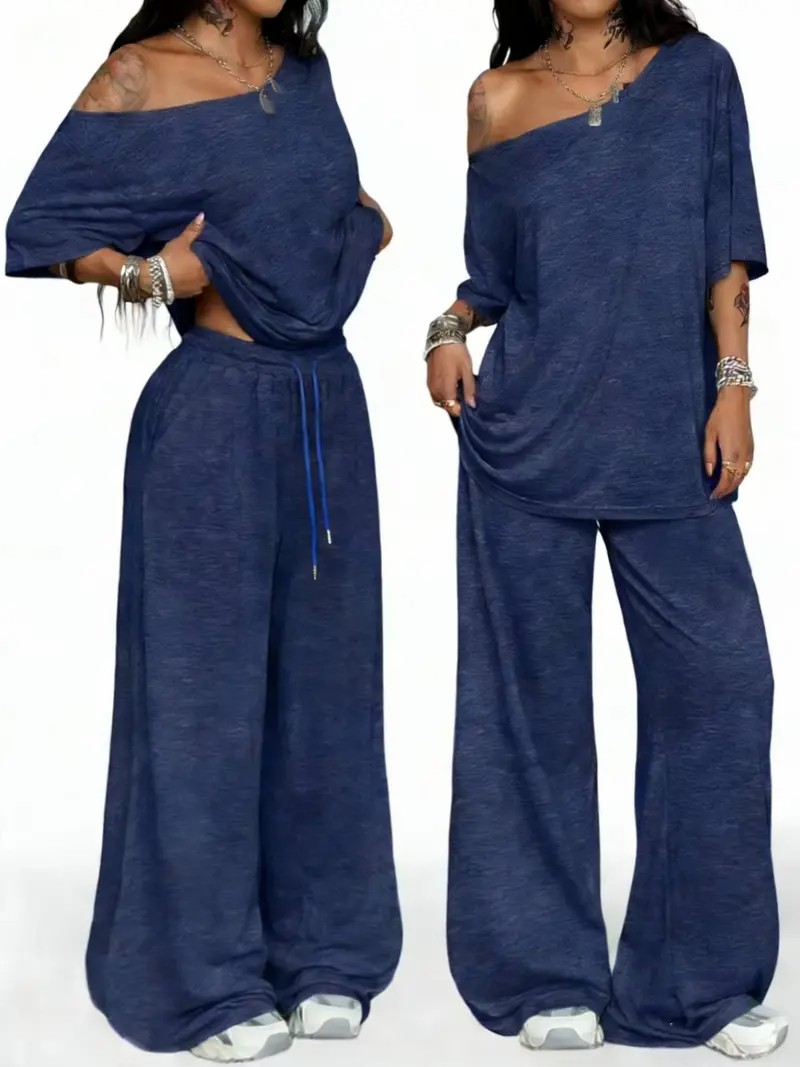 Women's Casual Solid Color Two-Piece Set – Slant Neck Wide Leg Pant Suit