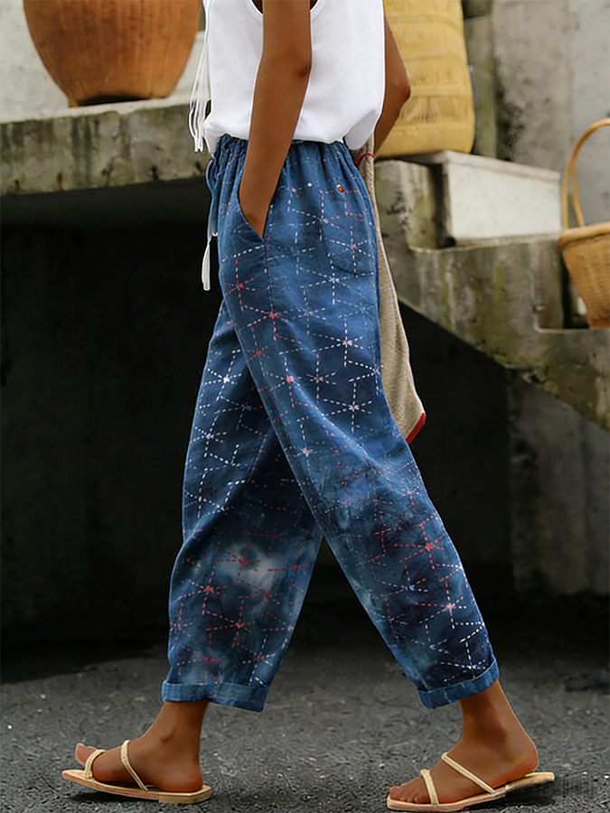 Women's Sashiko Stitch Geometric Cotton Linen Cropped Pants