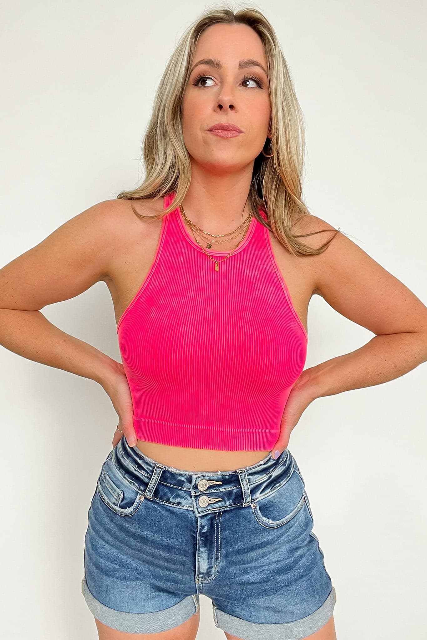 Washed Ribbed High Neck Cropped Tank Top