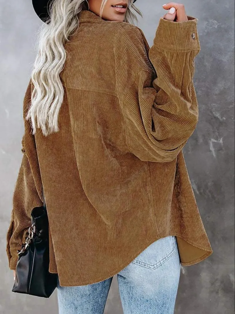 Women's Plain Pocket Button Front Corduroy Shirt