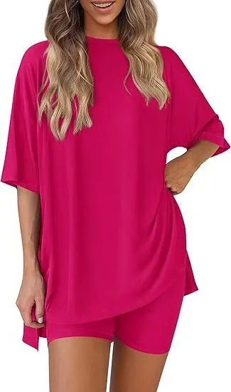 🔥Women's Two Piece Lounge Set Summer Casual Oversized Shirts Biker Shorts