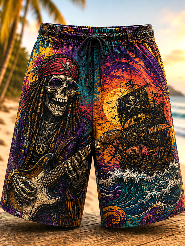 Men's Rock Skull Pirate Playing Guitar Art Print Casual Shorts