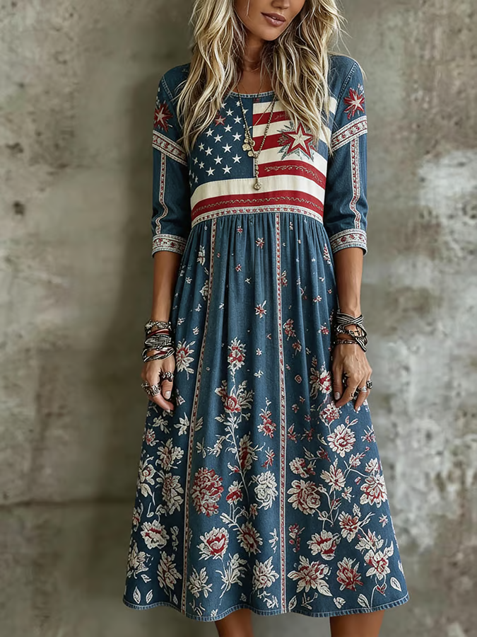 Women's Loose-Fit Independence Day Print Dress