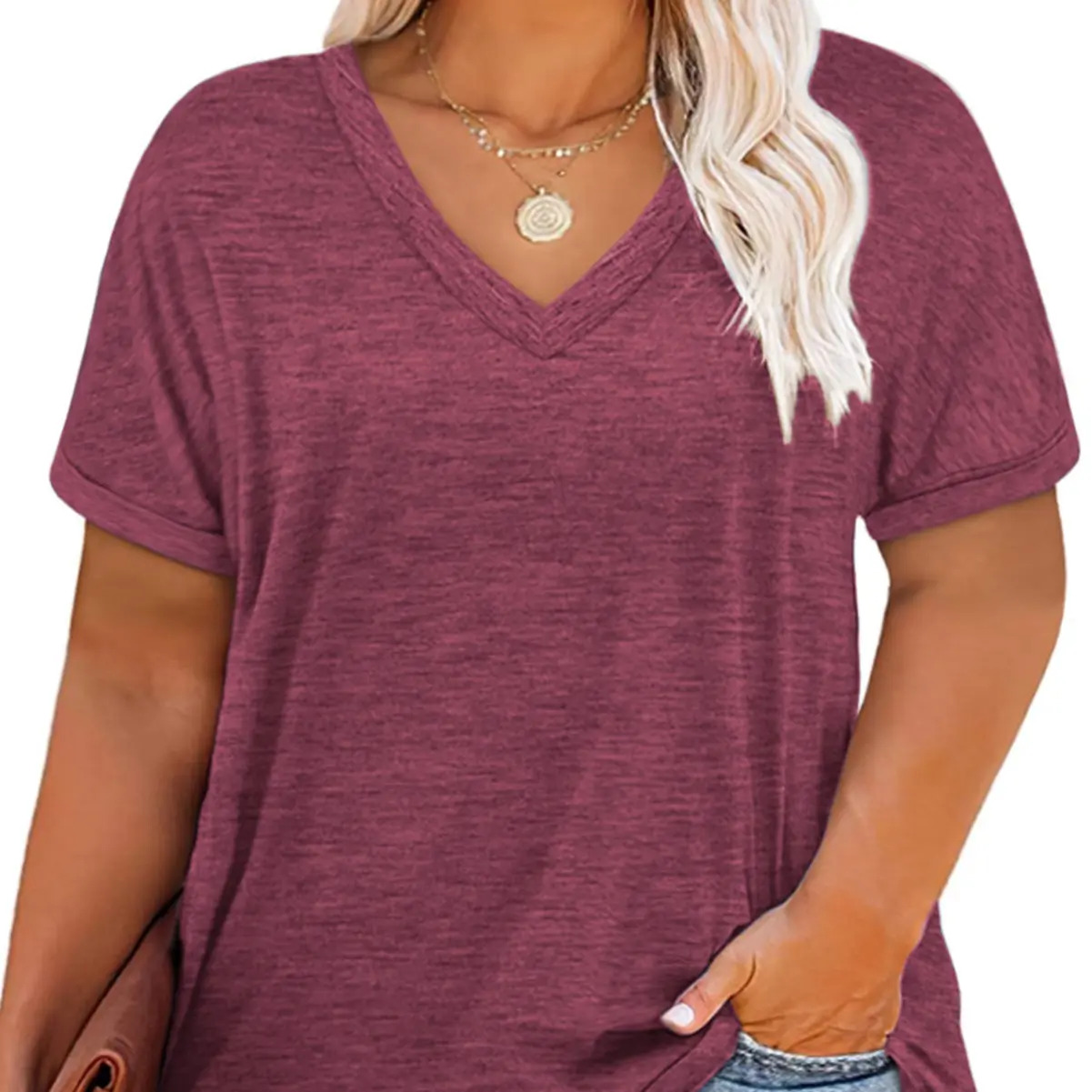 Women's Plus-Size V-Neck Short-Sleeve T-Shirt — Casual, Loose-Fit Summer Top — Soft, Breathable Basic Tee