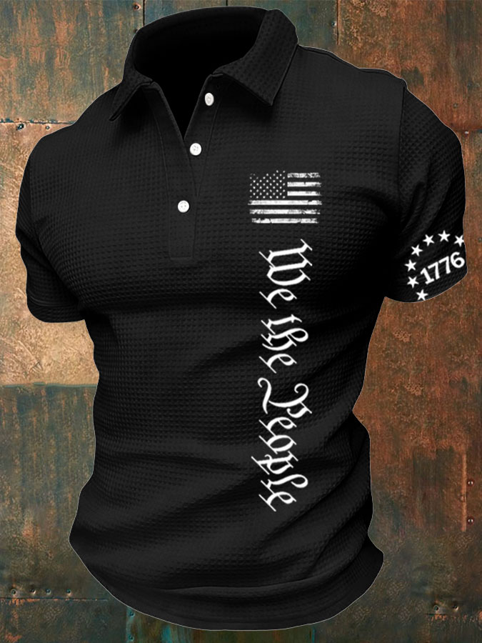 Men'S American Flag Independence Day Print Waffle Polo Shirt