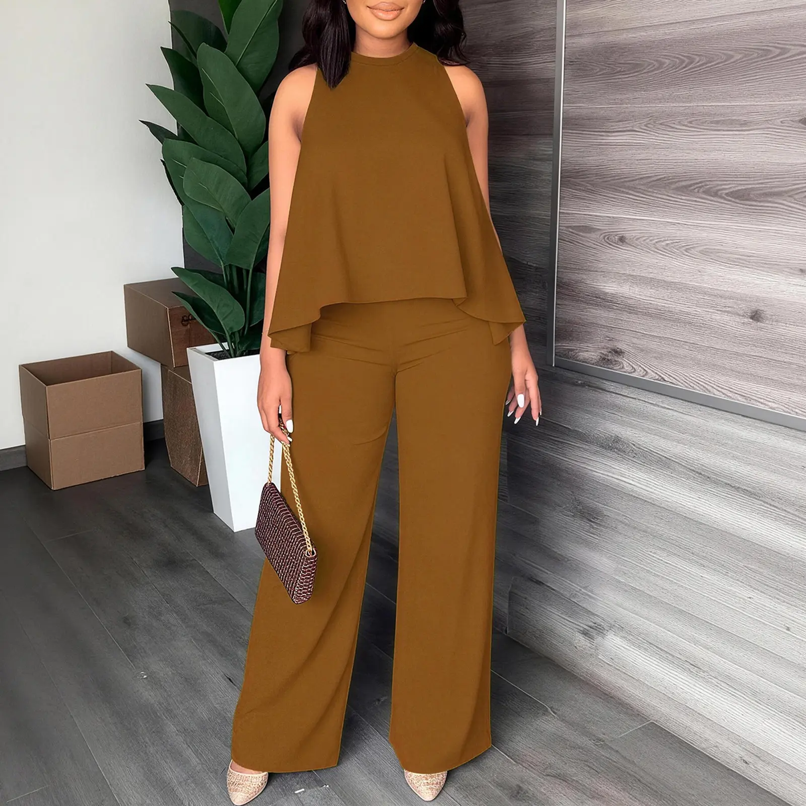 Women's Spring-Summer Set:Lightweight Flowy Halter Two-Piece with High-Waisted Wide Leg Pants–Comfortable