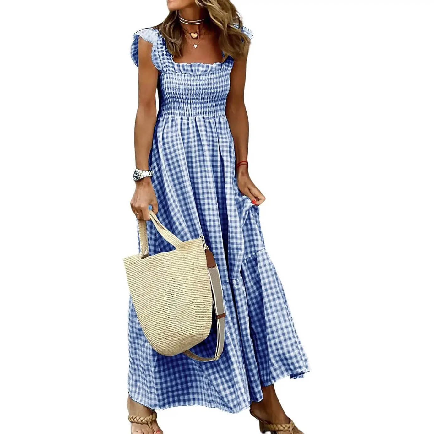 Women's Retro Plaid Smocked Dress Spaghetti Strap Flounce Long Casual Sleeveless Flowy Evening Fashion Basic with Pockets