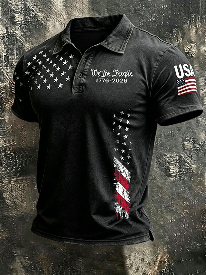 Men'S American Flag Print Casual Polo Shirt