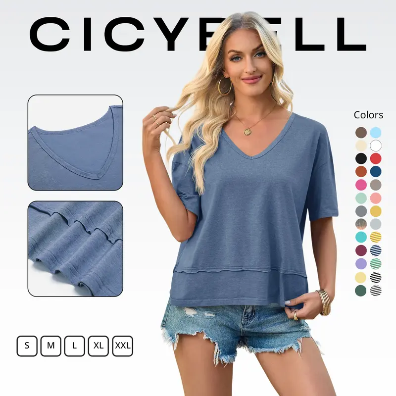 Cicy Bell Women's Summer V-Neck T-Shirt — Premium Blend Fabric, Slimming V-Neck Design