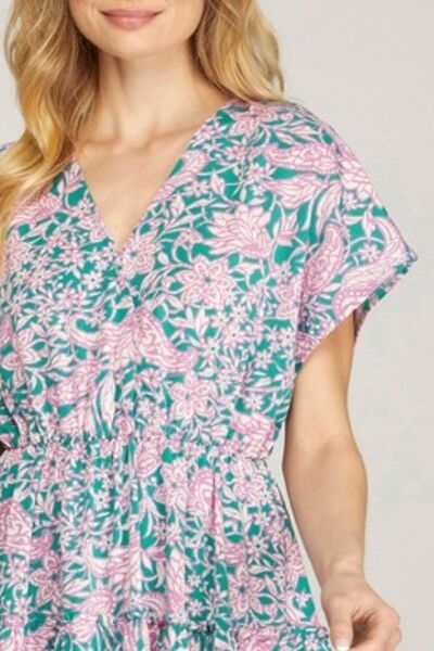 Sky Full Size Ruffled Hem Printed Surplice Kimono Sleeve Mini Dress Plus Size