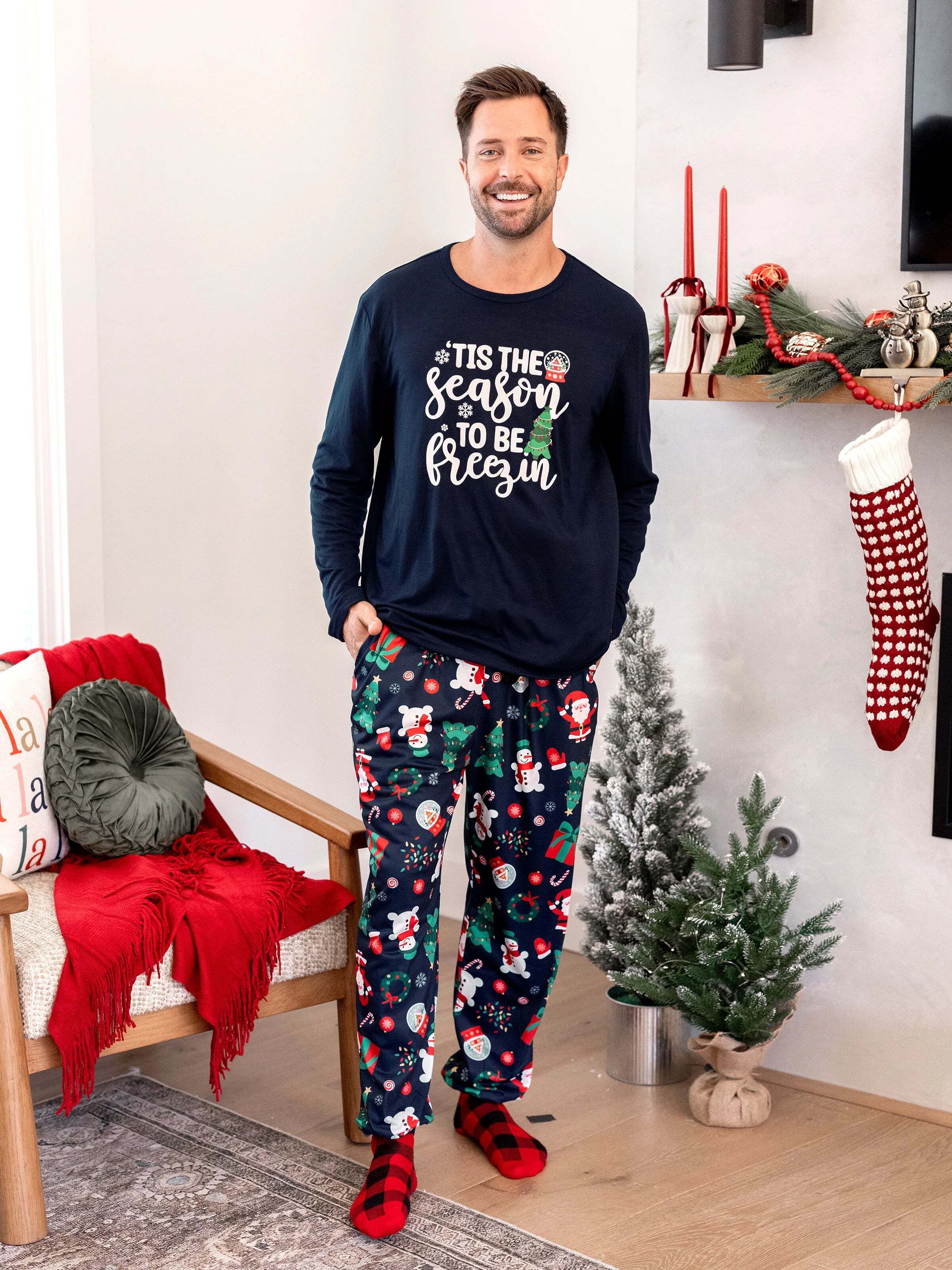 Christmas Matching Family Pajamas Set Glow In The Dark Santa Claus Dark Blue PJS with Christmas Socks Deep Blue