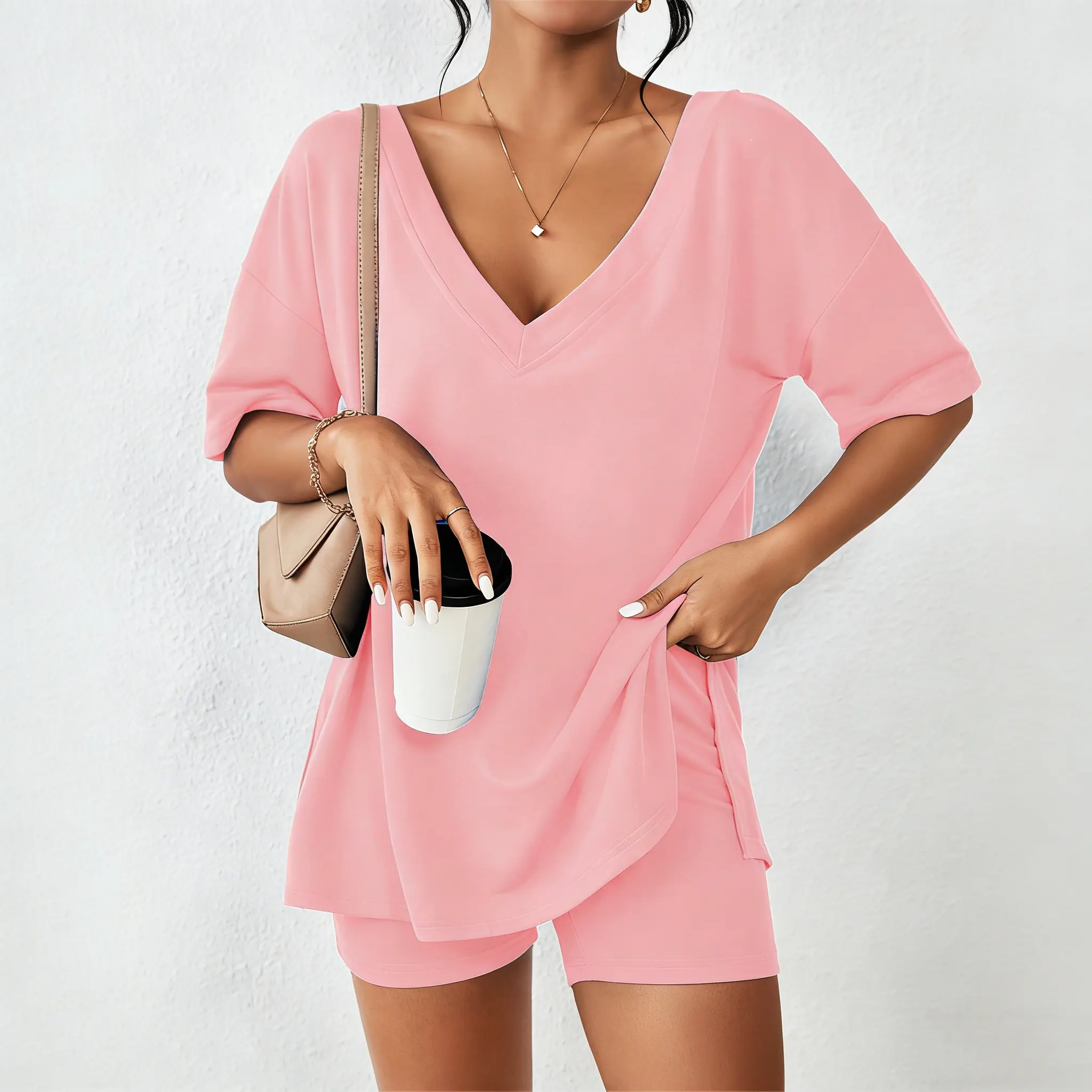 V-neck Two-Piece Pajama Set For Women Summer Casual Oversized Split Hem Shirts & Biker Shorts