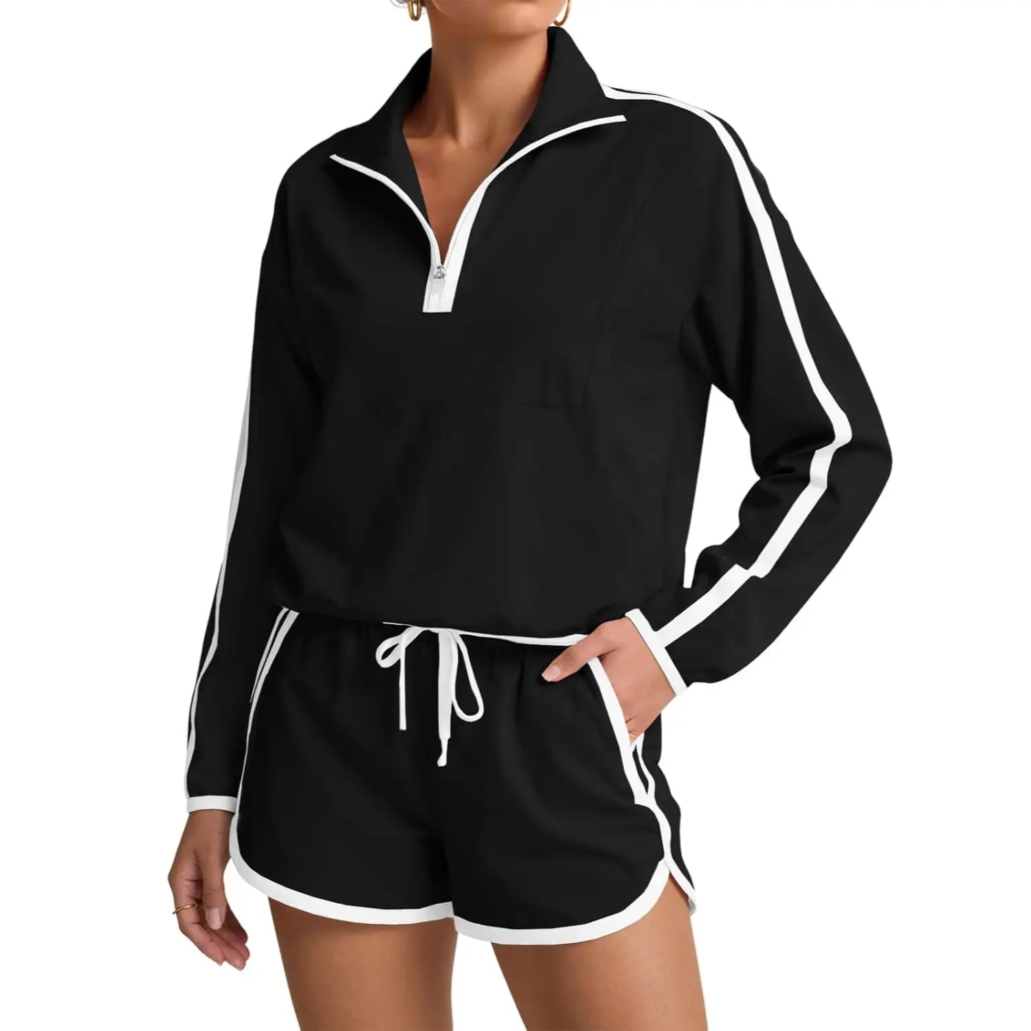Womens 2 Piece Outfits Sets Half Zip V Neck Long Sleeve Pullover Tops Shorts Casual Tennis Running Tracksuits