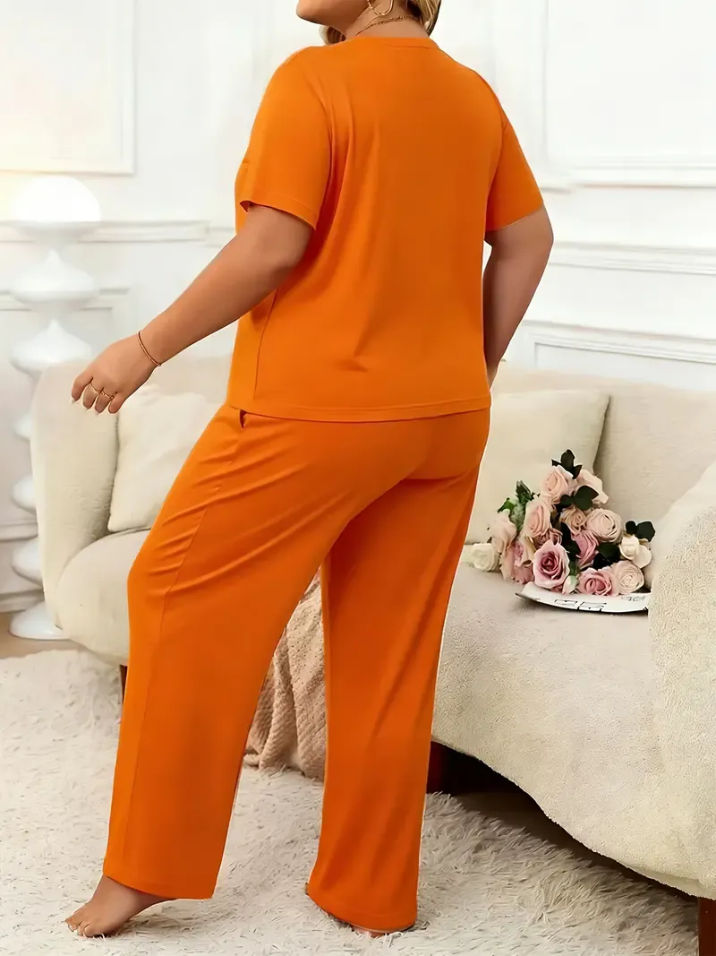 Plus-size women's spring/summer fashion printed round neck short-sleeved T-shirt and wide-leg pants two-piece set