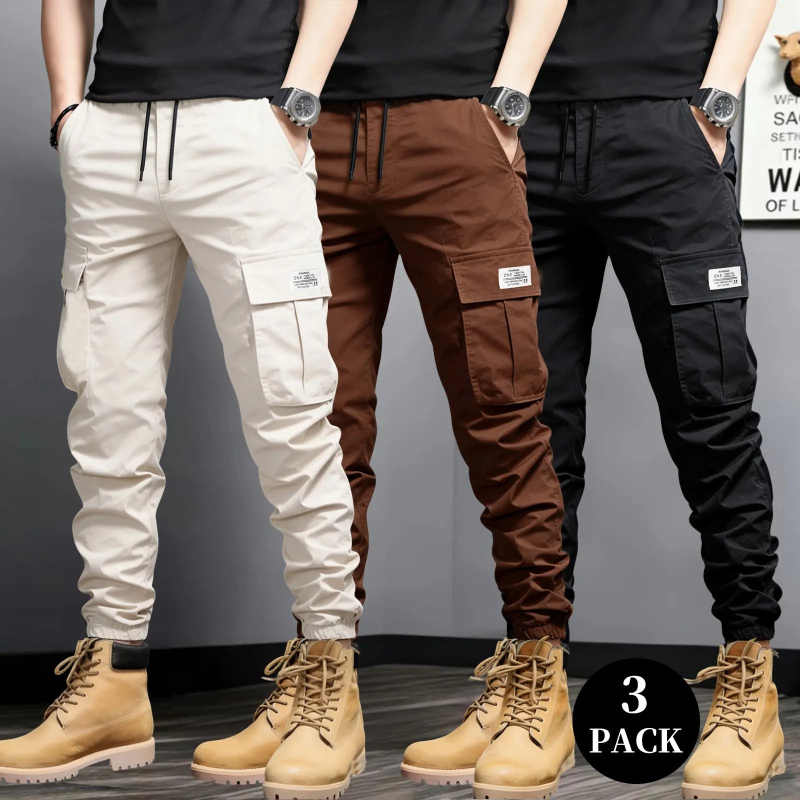 Men's 5-Pack Multi-Pocket Cargo Jogger Pants – Slim Fit, Tapered Leg, Casual Streetwear
