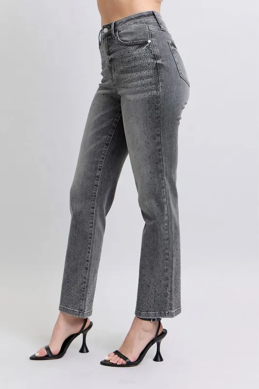 Blue Full Size High Waist Rhinestone Straight Jeans Plus Size