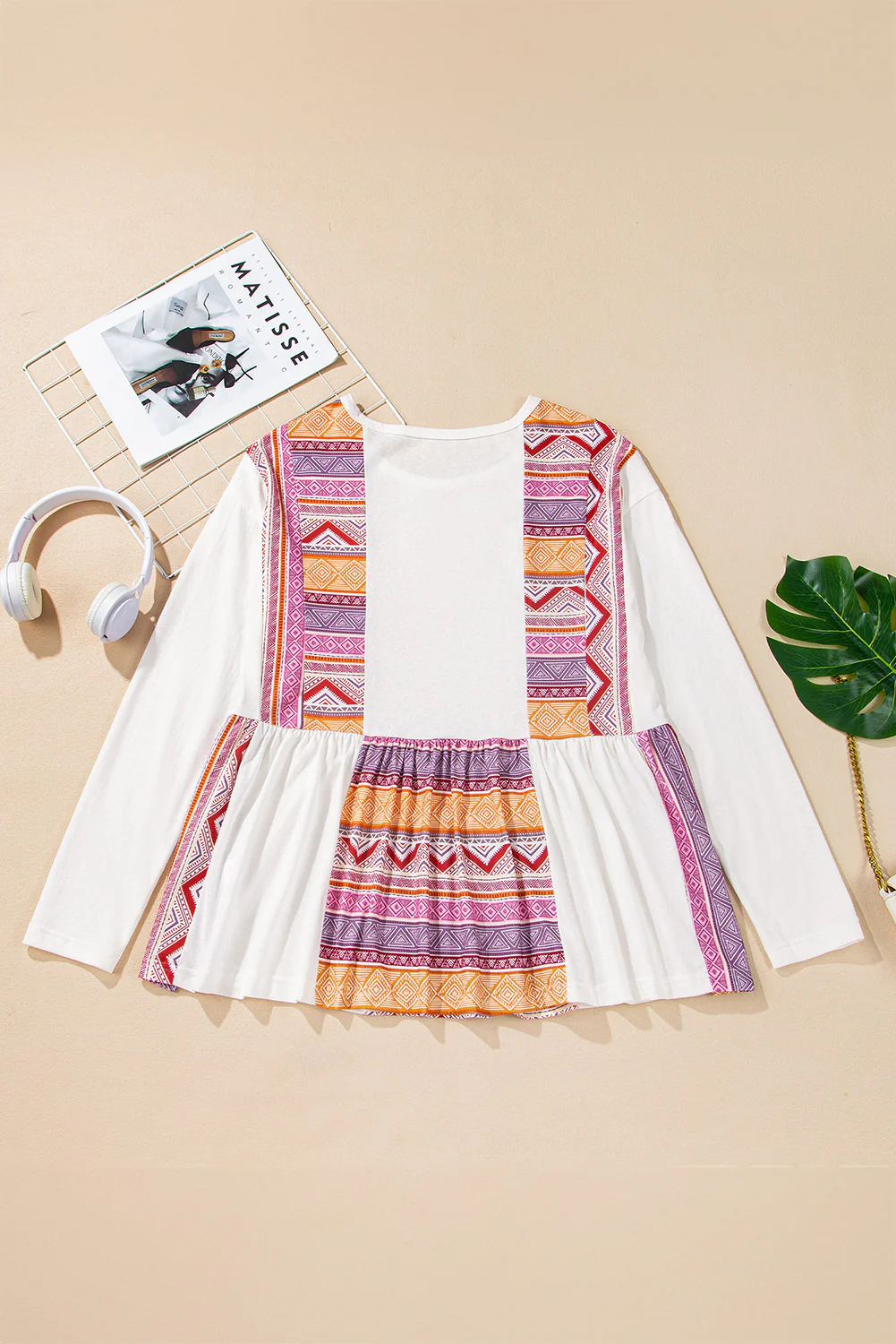 Western Aztec Print Patchwork Ruffled Tunic Long Sleeve Babydoll Top