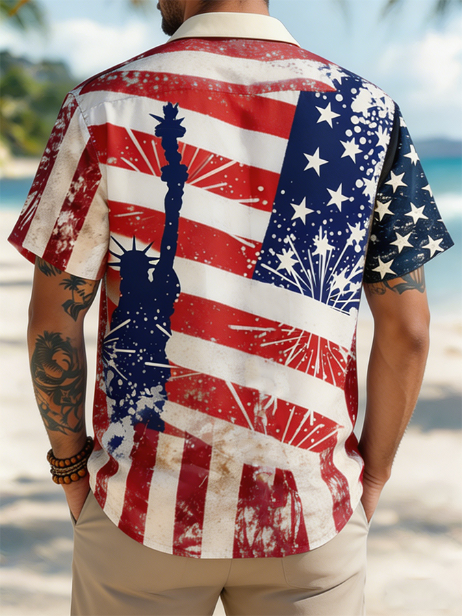 Men's Firework Statue Of Liberty American Flag USA Independence Day Beach Shirt