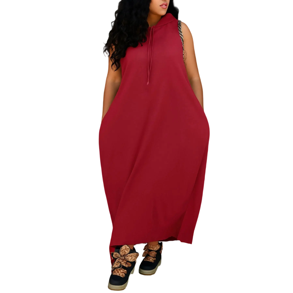 Women's Plain Drawstring Hooded Tank Dress, Casual Basic Pocket Sleeveless Dress