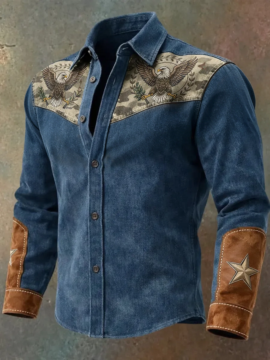 Men'S Retro Western American Founding Celebration Long Sleeve Shirt