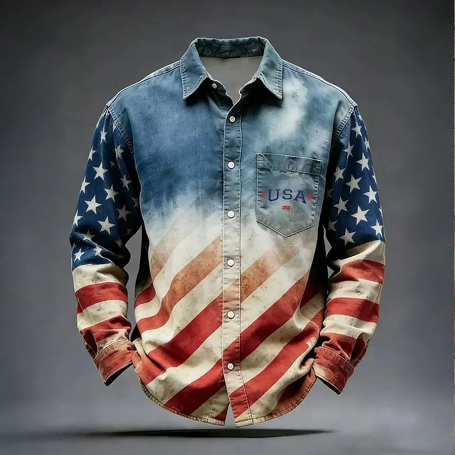 Men's Retro 250th Anniversary Independence Day Flag Printed Casual Shirt