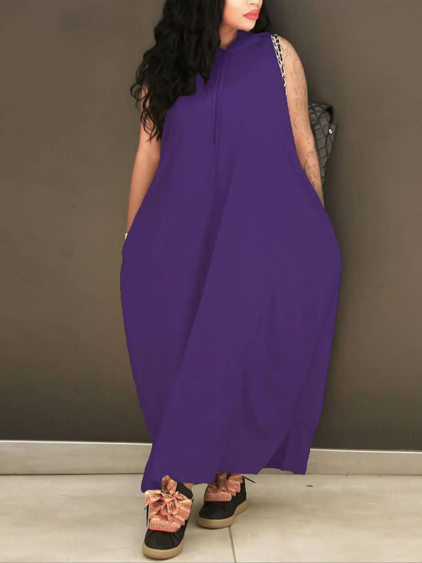 Women's Plain Drawstring Hoodie Tank Dress with Pocket for Summer