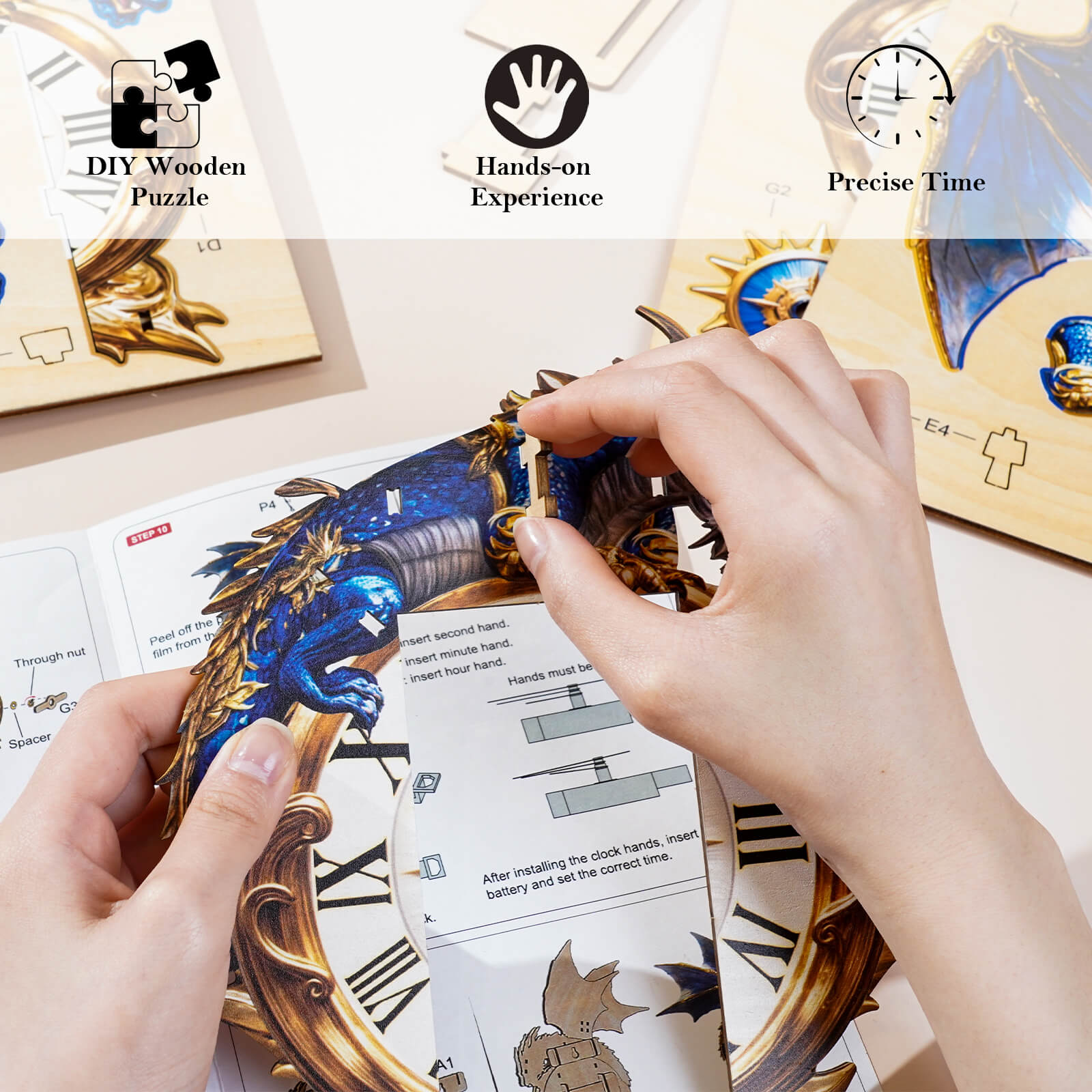 Blue DragonDIY Wooden Clock, 3D Puzzle Craft Kit