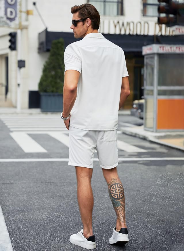 Men's 2 Piece Outfits Casual Button Down Short Sleeve Shirts Shorts Summer Beach Sets