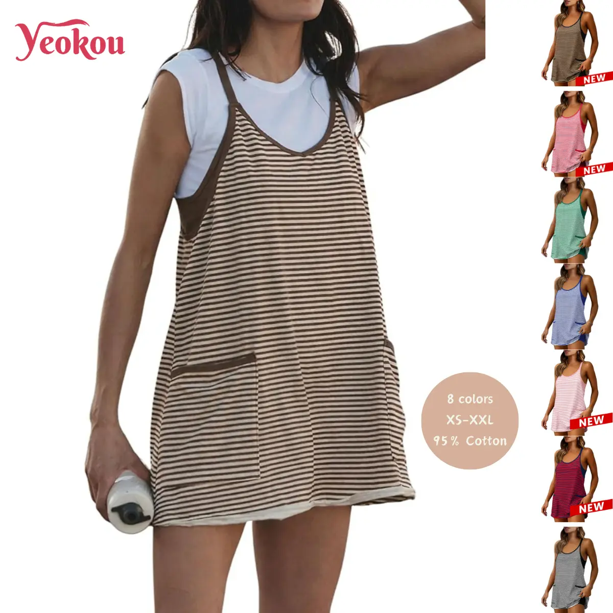 Yeokou Women's Summer Athletic Dress with Built-in Shorts - Sleeveless V-Neck Striped 95% Cotton 5% Spandex, Casual Wear, Women's Clothes, Beach Outfits, Tennis Workout Vacation, XS-XXL Brown