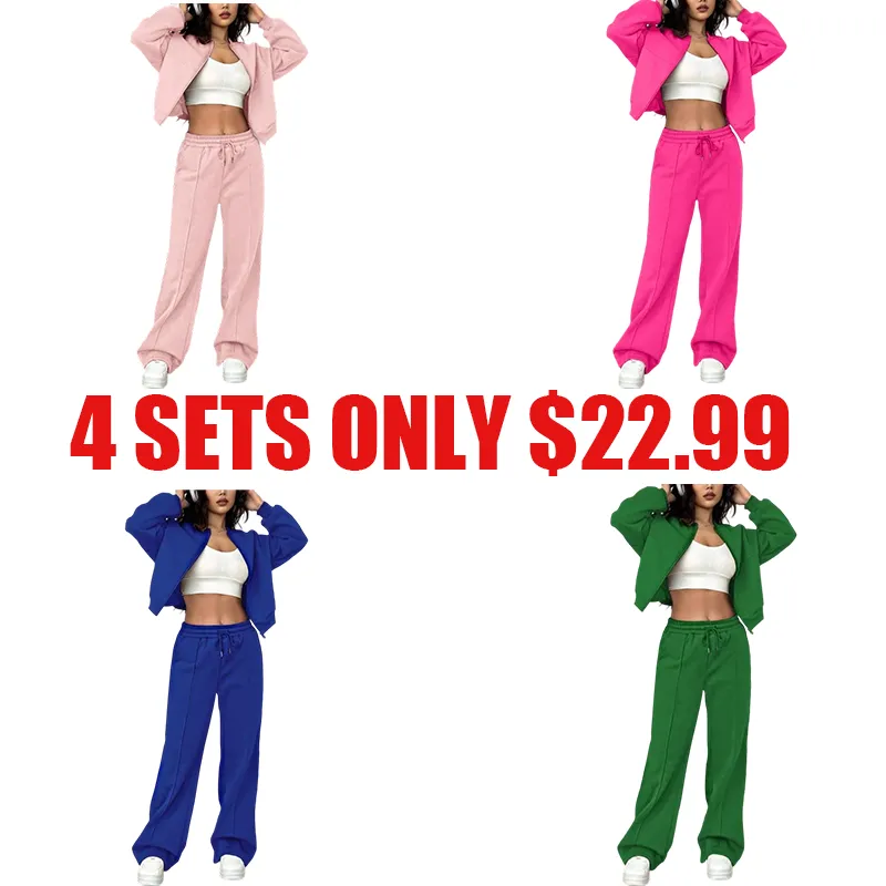 🔥Two-piece Set Women's Solid Zip Up Drop Shoulder Jacket & Pocket Elastic Waist Pants, Casual Fashion Cozy Breathable Two Piece Outfits for Daily Outdoor Wear, Ladies Clothes for All Seasons