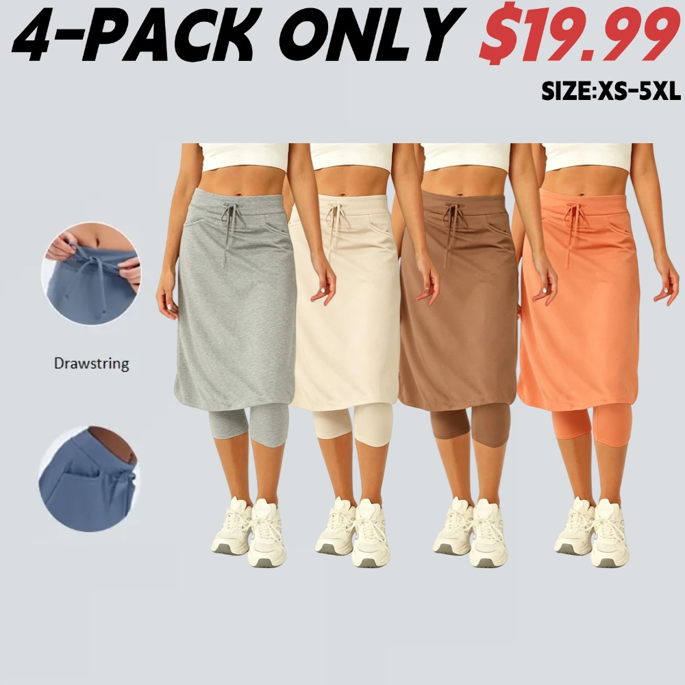 Women's high-waisted tennis/golf skort, knee-length, with built-in leggings.