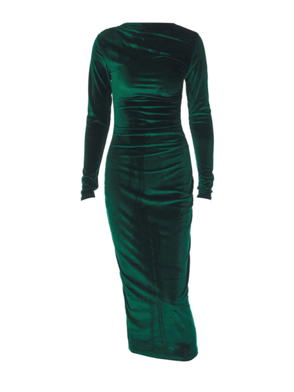 Pleated Round Neck Long Sleeve Bodycon Midi Dress