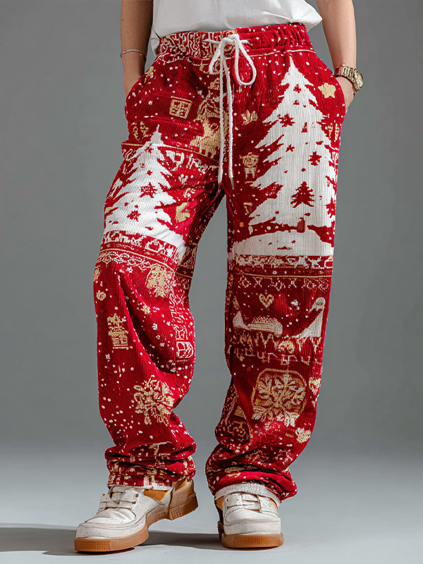 Women's Christmas Tree Snowflake Pattern Print Drawstring Pants