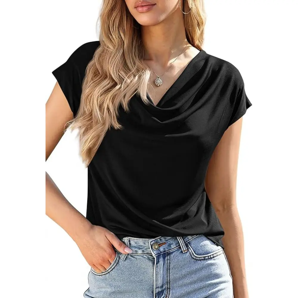 Women's Cowl-Neck Short-Sleeve Top — Elegant Casual Wear, Summer Shirt