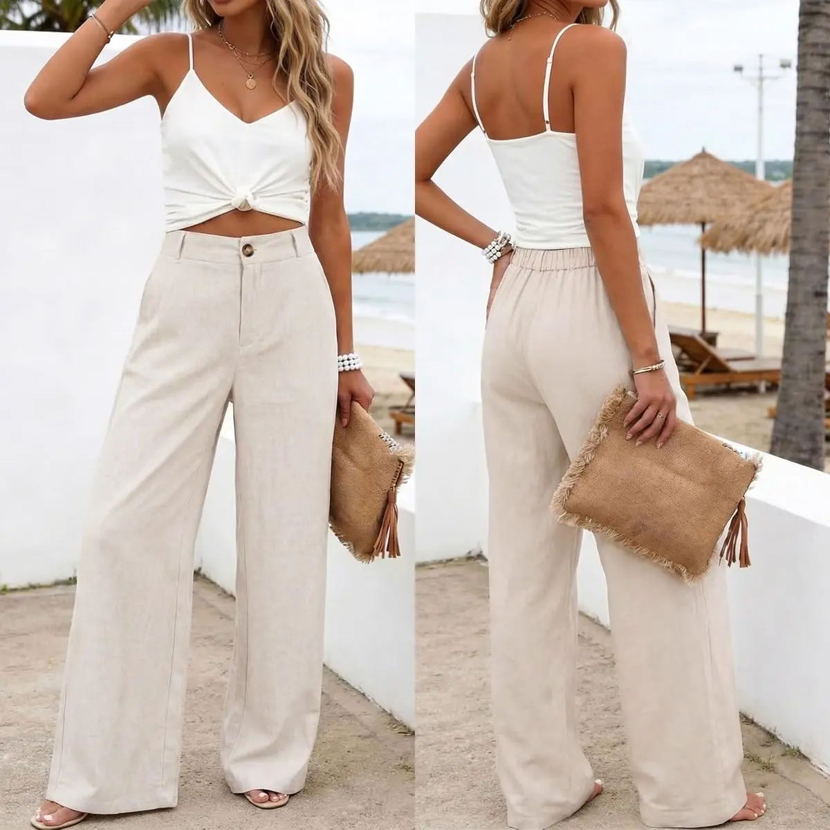 Tanming Women's Cotton Linen Bottoms - High-Waisted, Wide-Leg, Button-Up Pants, Minimalist Basic Breathable Fabric, Casual Loose Comfy Summer Beach Trousers