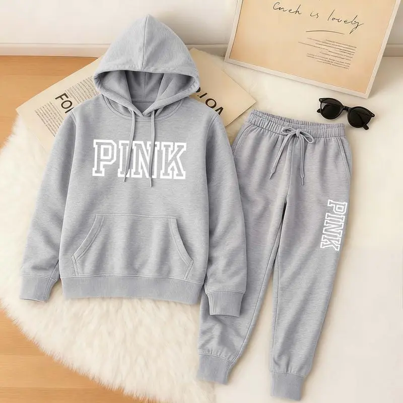 Women’s Pink Printed Hoodie & Drawstring Pants Casual Set