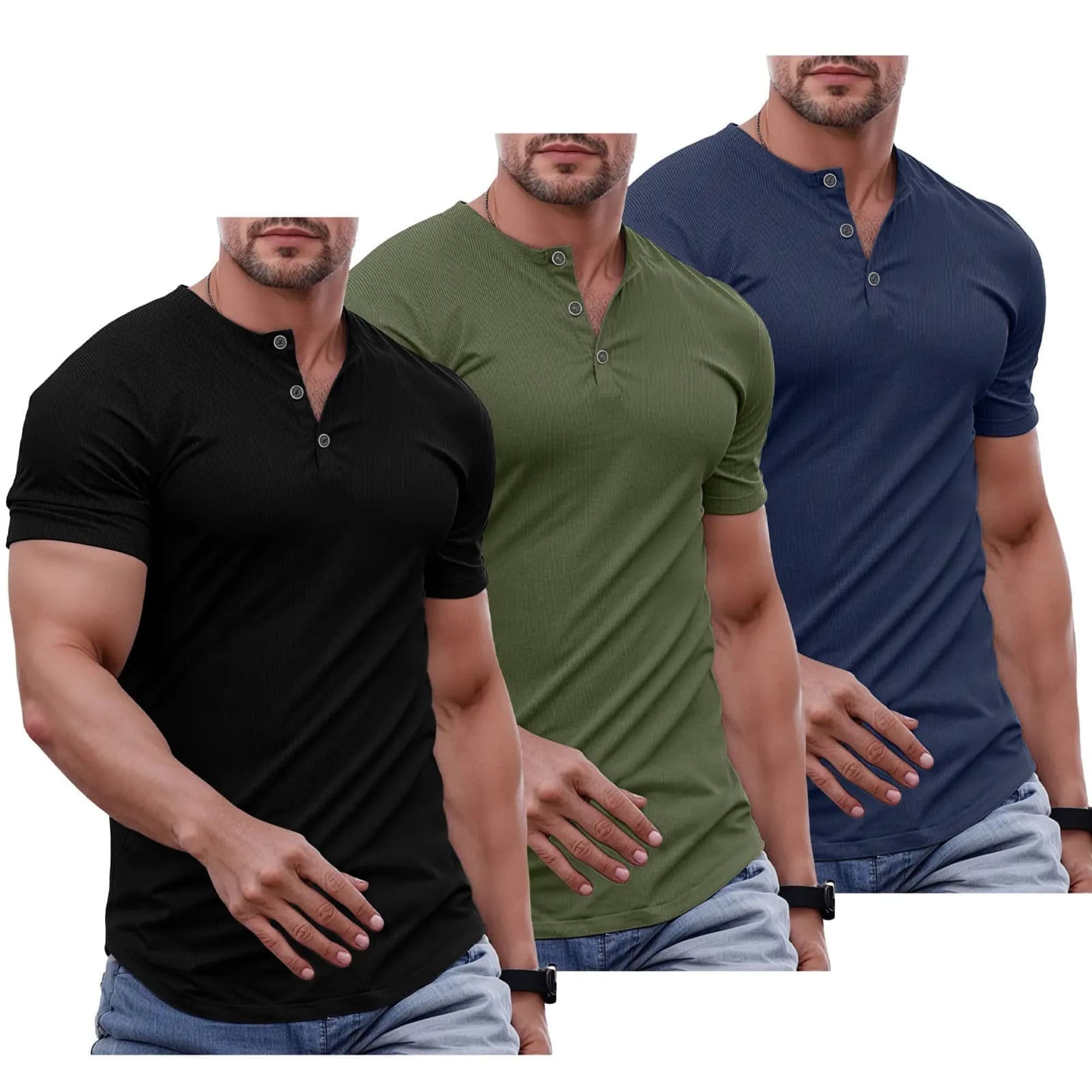 Men's Plain Muscle Slim Fitted Henley Shirts Crewneck Longline T-Shirt Gym Workout Athletic Shirt Tees