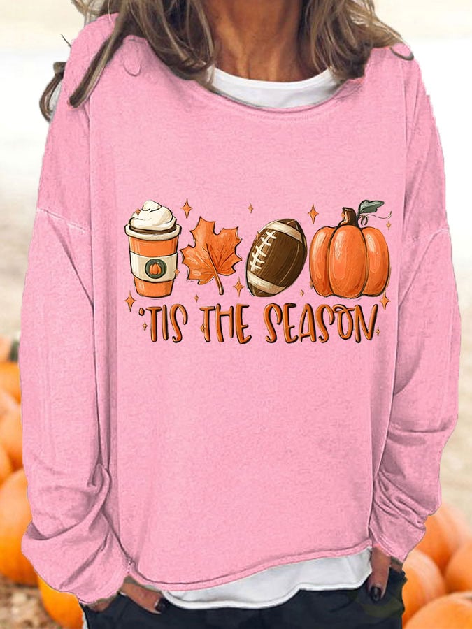 Women's TIS THE SEASON football latte leaves Pumpkin Fall T-Shirt