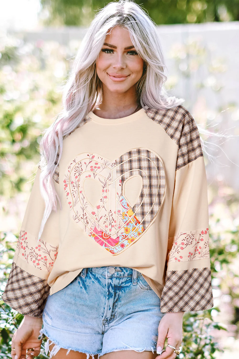 Jet Stream Floral Peace Sign Graphic Drop Shoulder Wide Sleeve Casual Top
