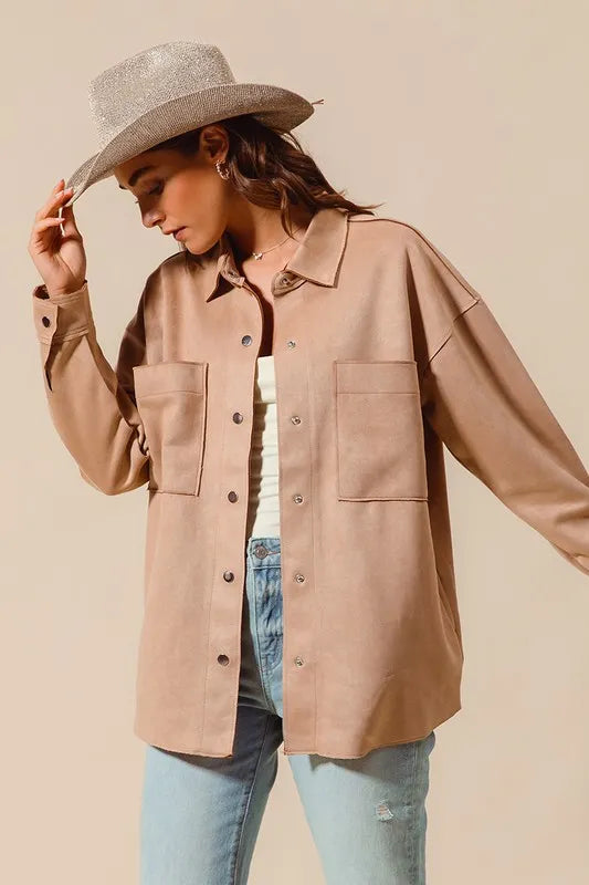 Faux Sued Snap Shacket with Collar and Pockets