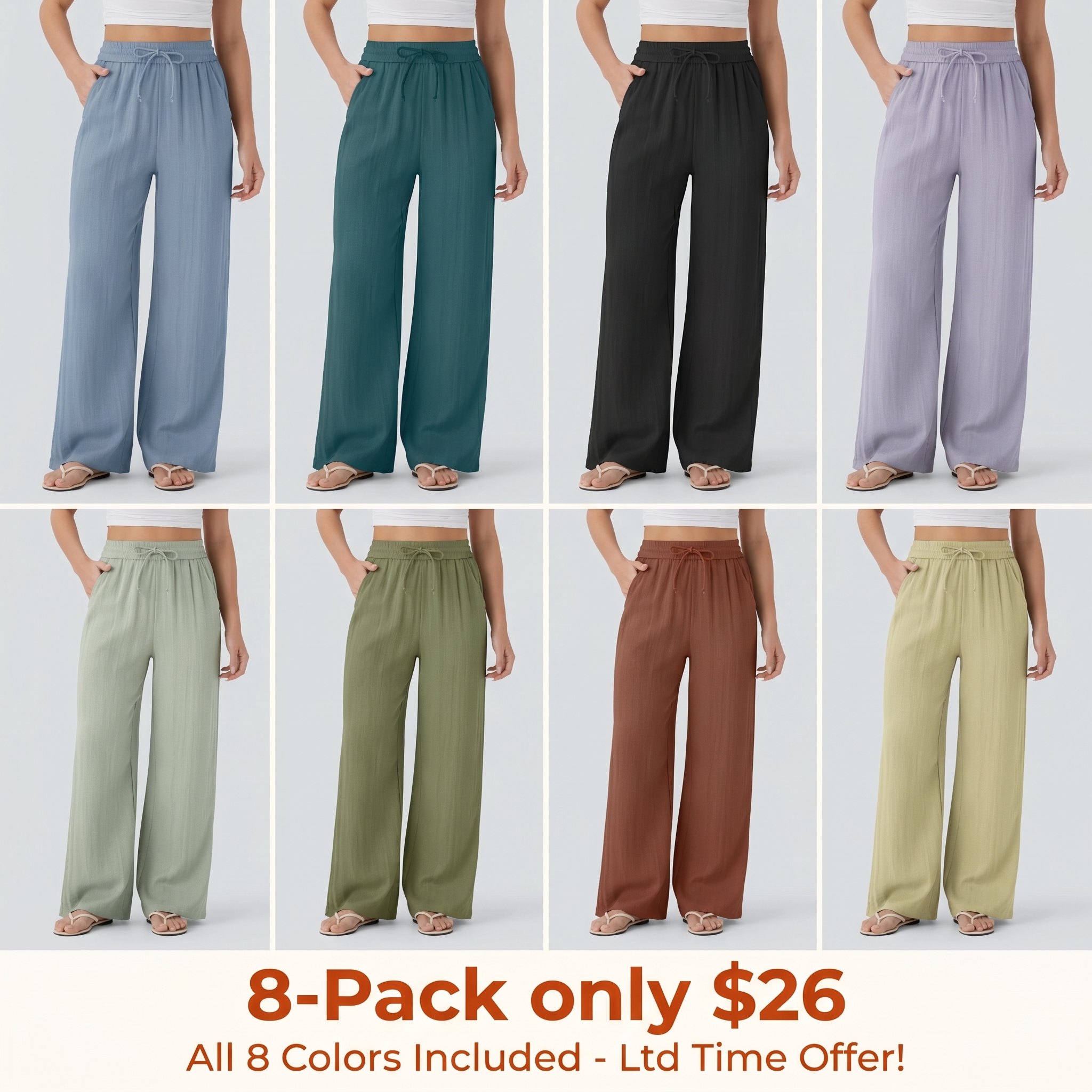 [Creator's Pick] High-Waisted, Drawstring, Pocketed, Wide-Leg Casual Trousers (Faux Linen)