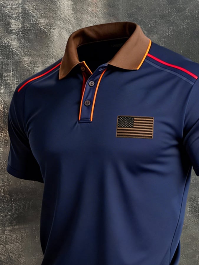 Men's Retro Patriot Color Block Polo Collar Short Sleeve