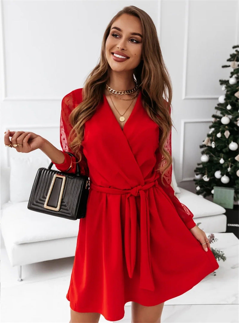 Solid Color Lace Elegant Mini Dress