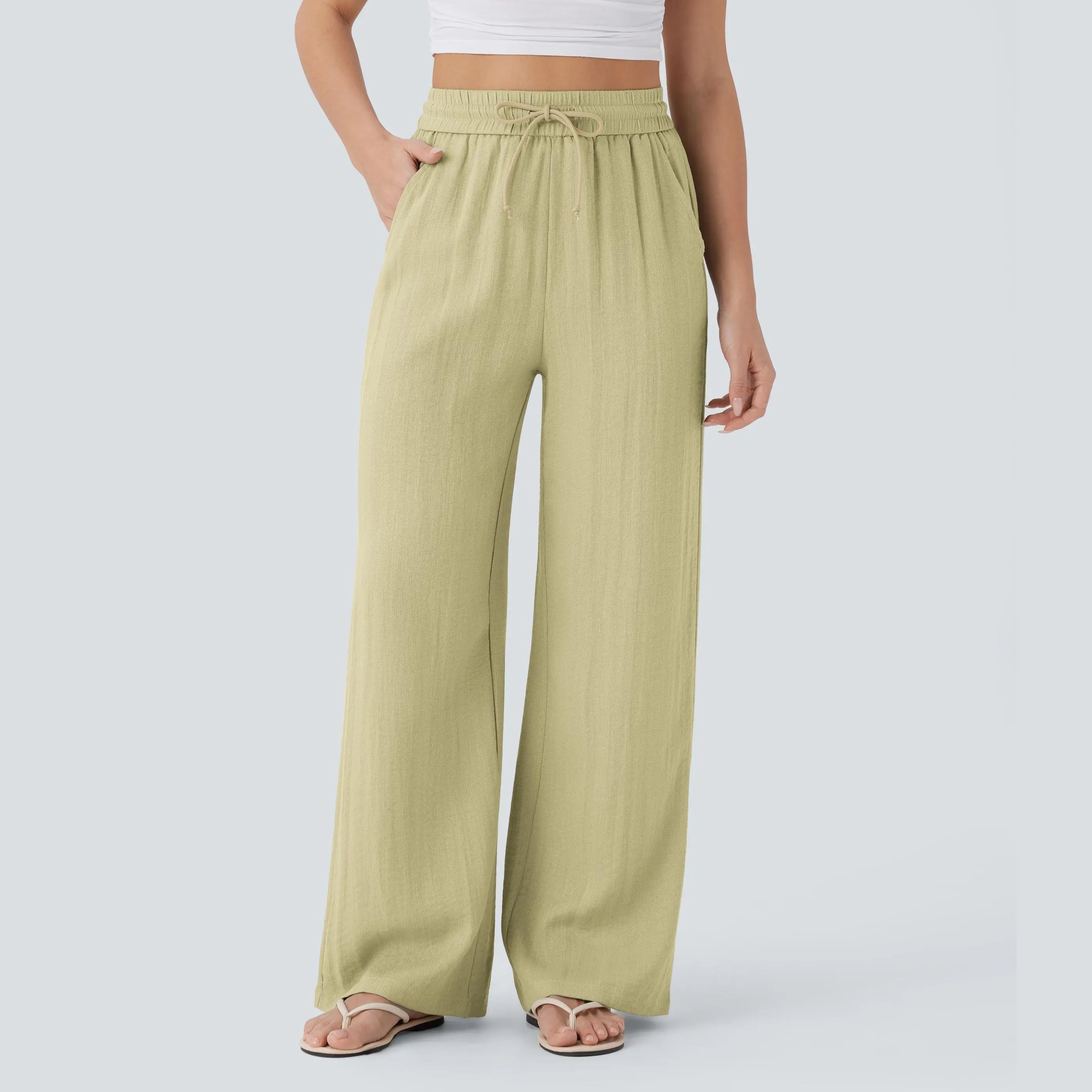 [Creator's Pick] High-Waisted, Drawstring, Pocketed, Wide-Leg Casual Trousers (Faux Linen)